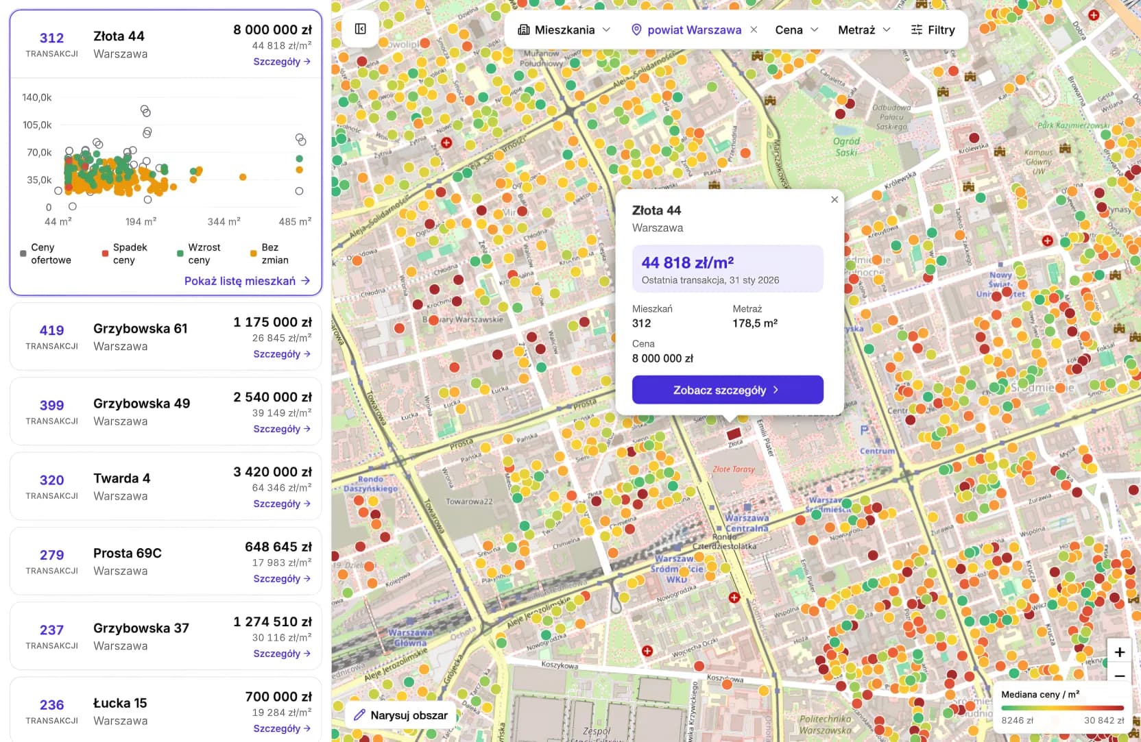 Mapa cen transakcyjnych z listą adresów i podglądem budynku