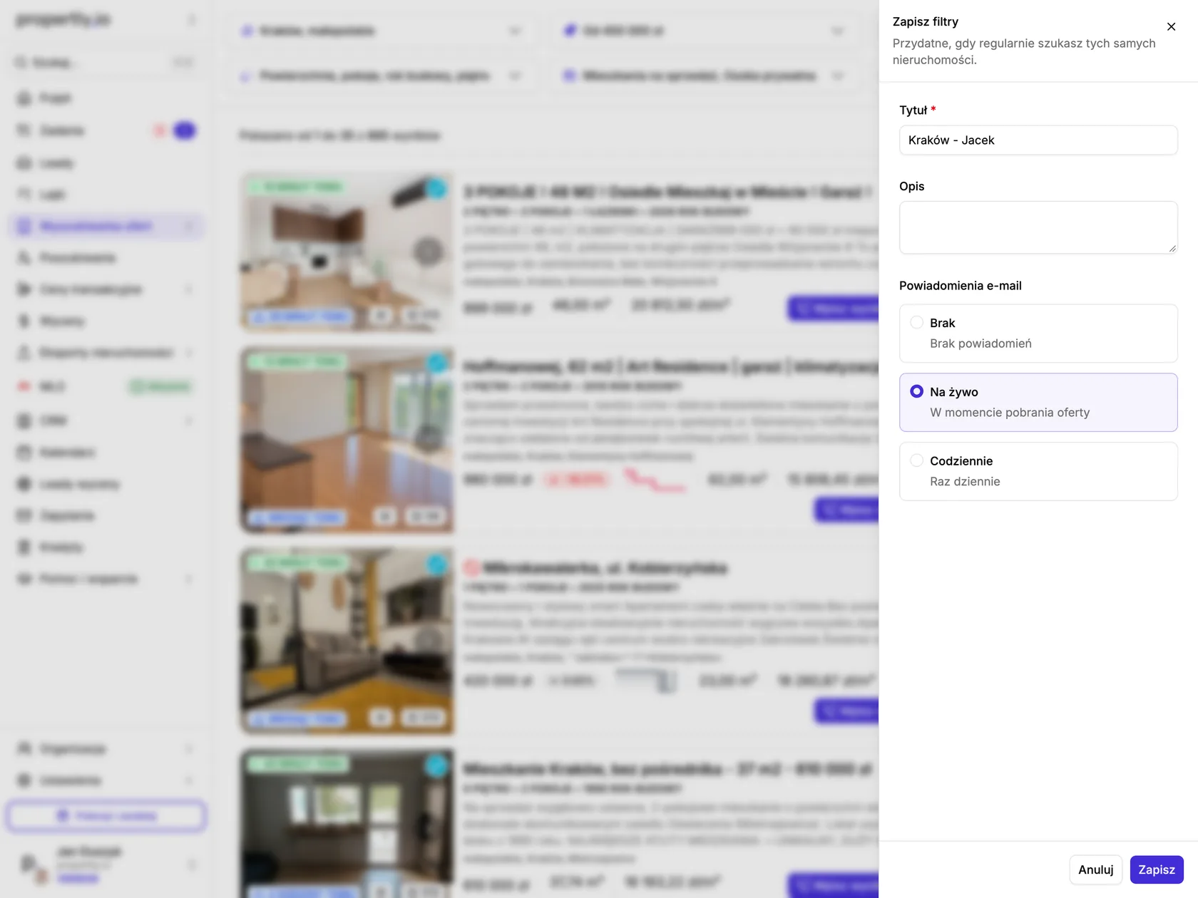 Panel Zapisz filtry z wyborem powiadomień e-mail