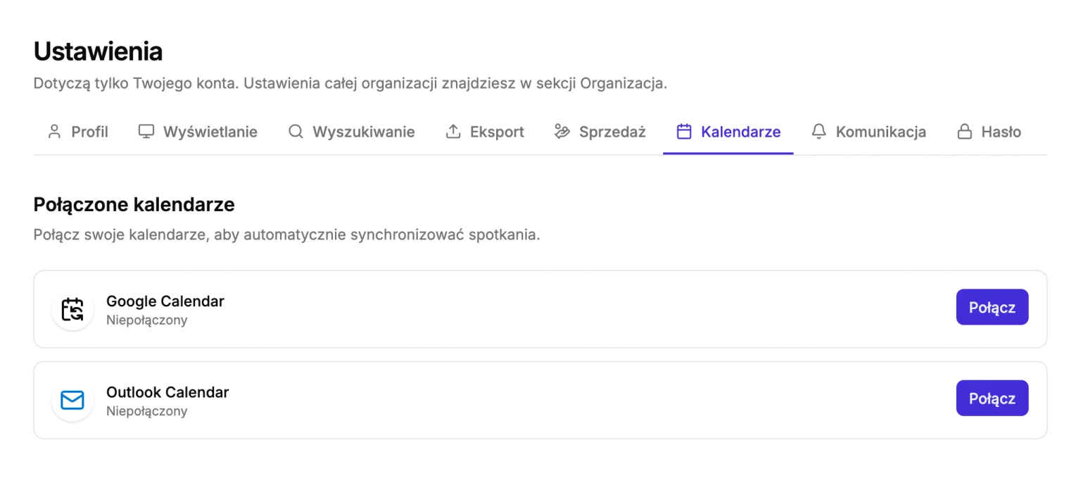Ustawienia konta, zakładka Kalendarze z kartami Google Calendar i Outlook Calendar