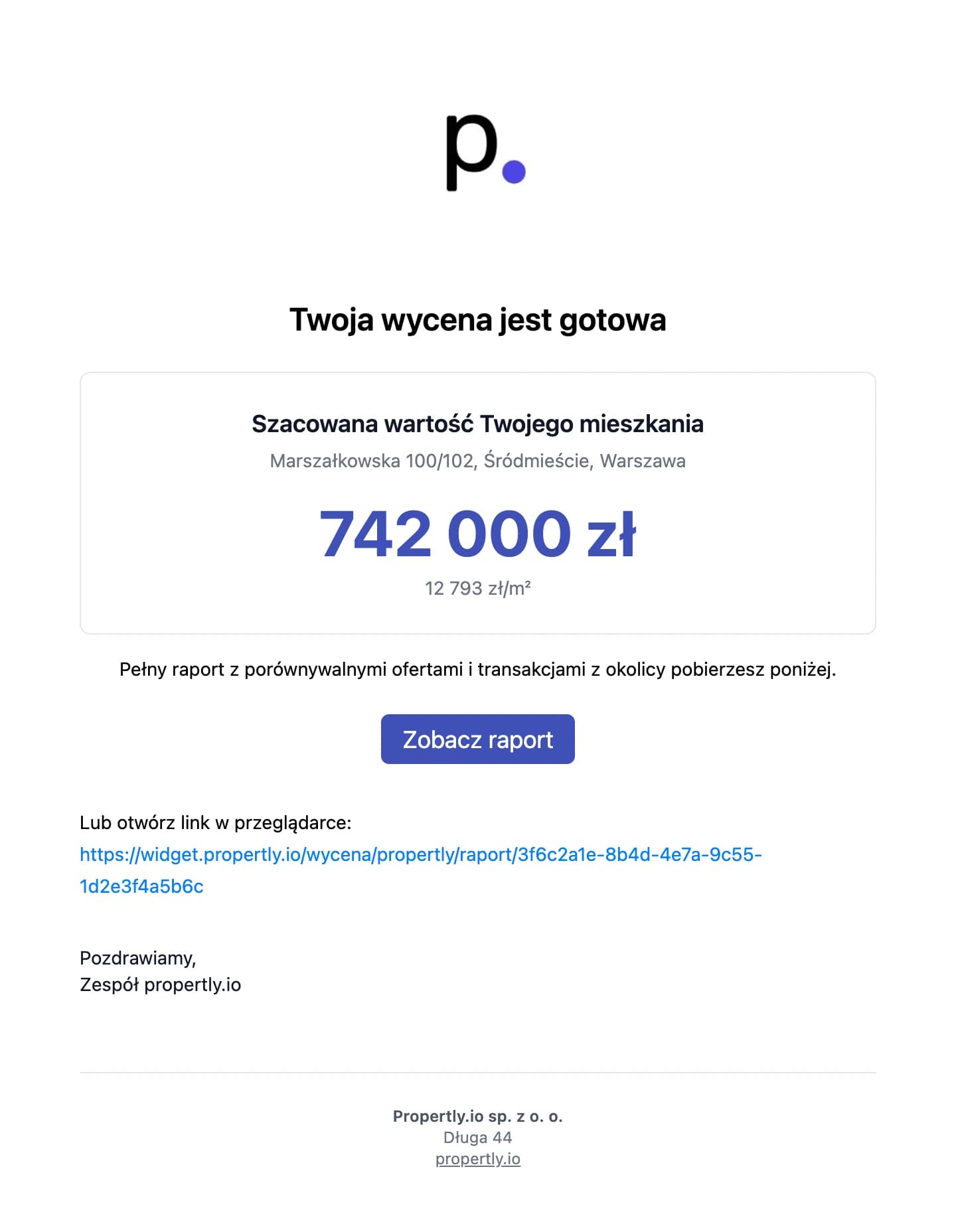 E-mail z wyceną i linkiem do raportu wysłany w imieniu biura