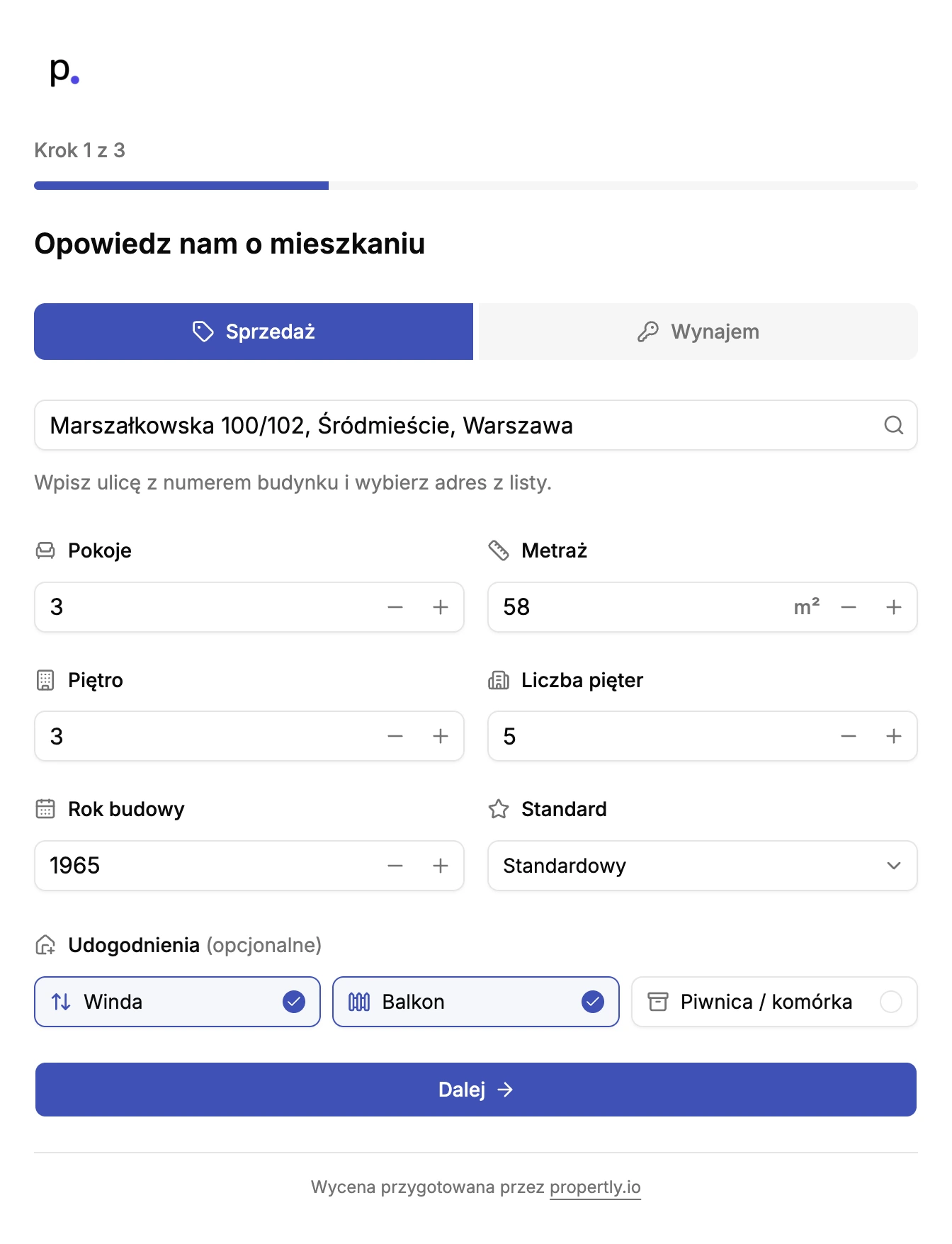 Pierwszy krok wyceniarki z adresem i parametrami mieszkania