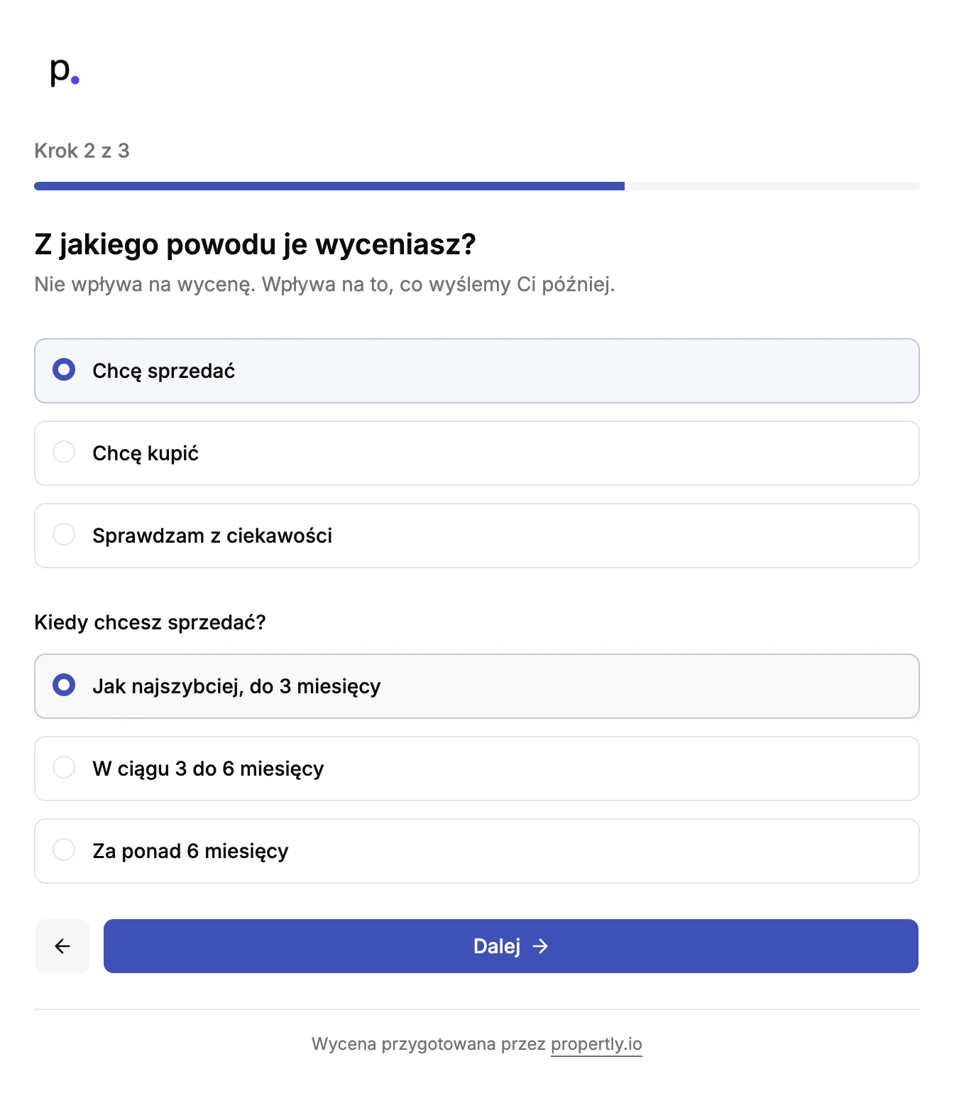 Drugi krok wyceniarki z celem wyceny i terminem sprzedaży