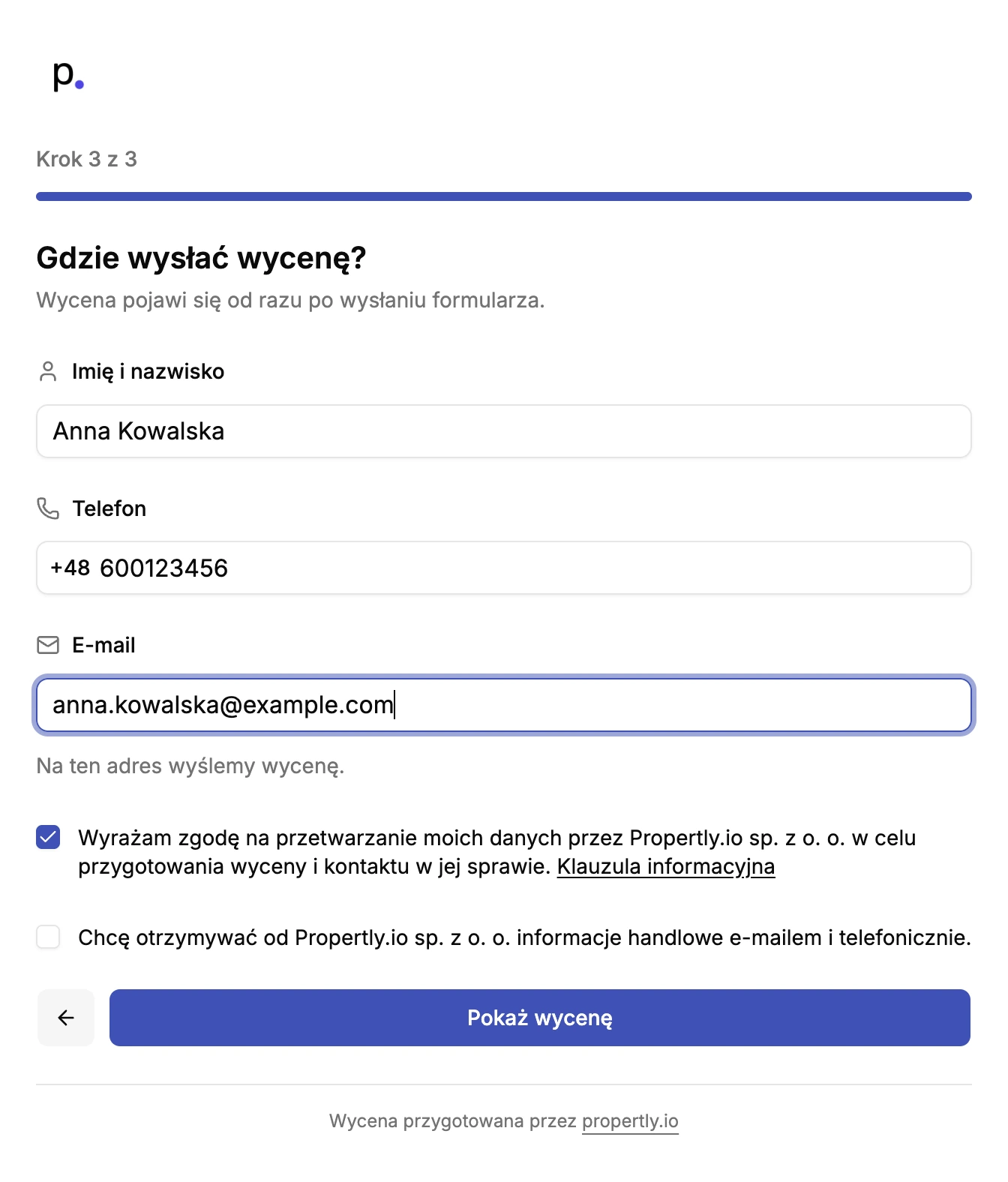 Trzeci krok wyceniarki z danymi kontaktowymi