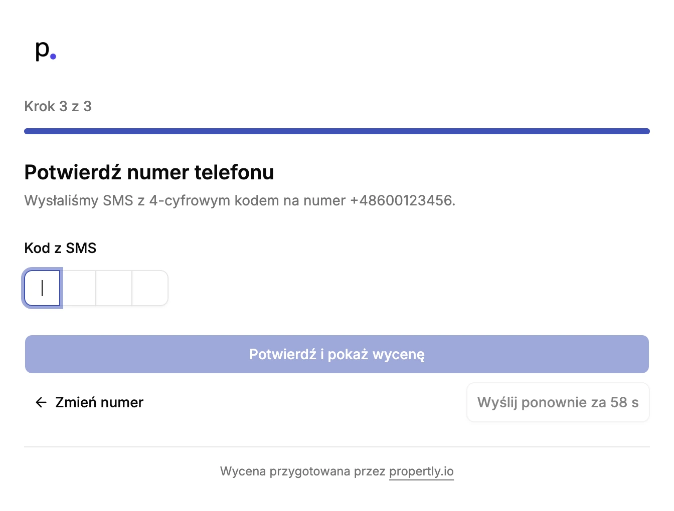Ekran potwierdzenia numeru telefonu kodem z SMS