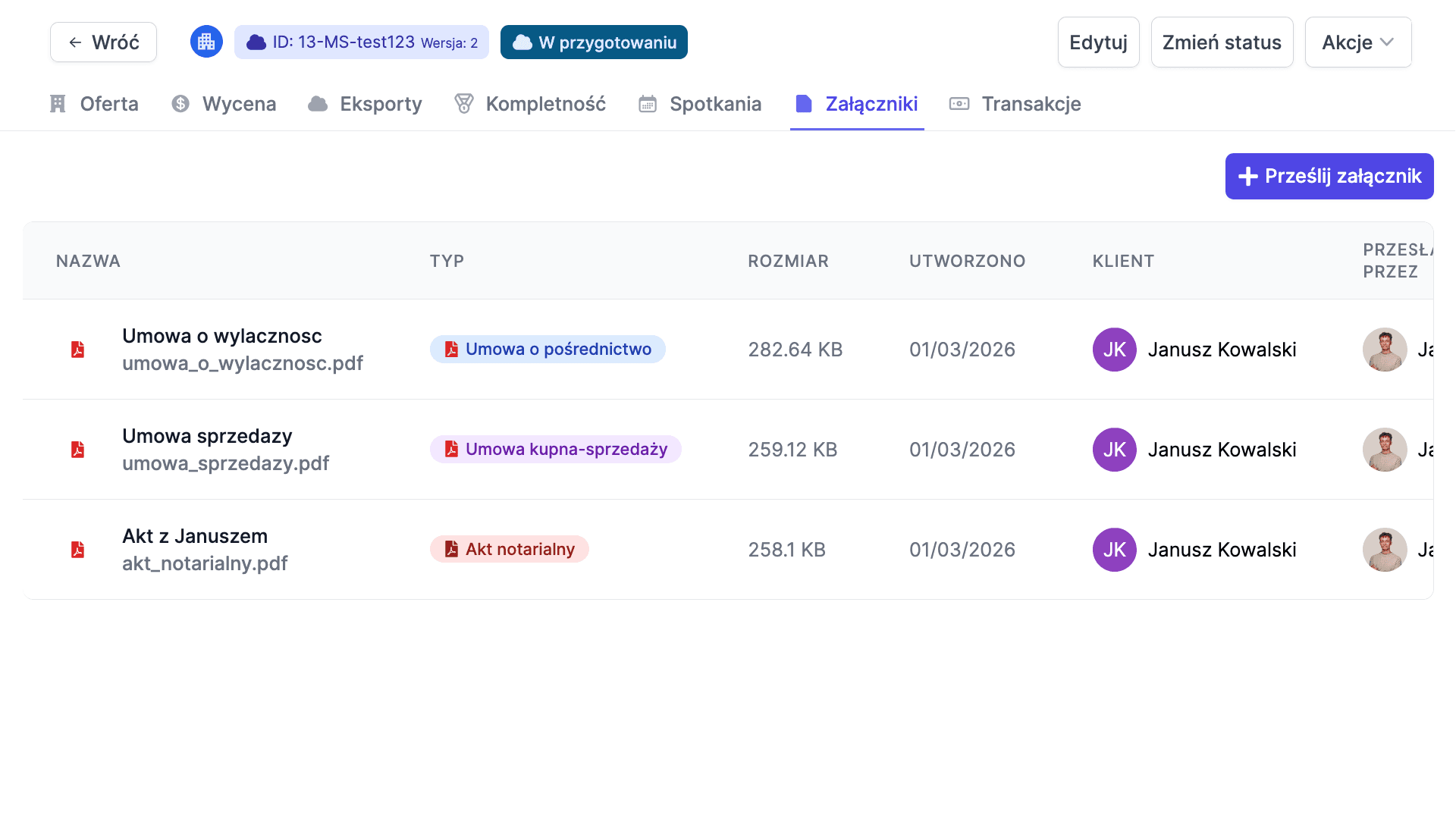 Dokumenty przypisane do klienta i oferty w chmurze