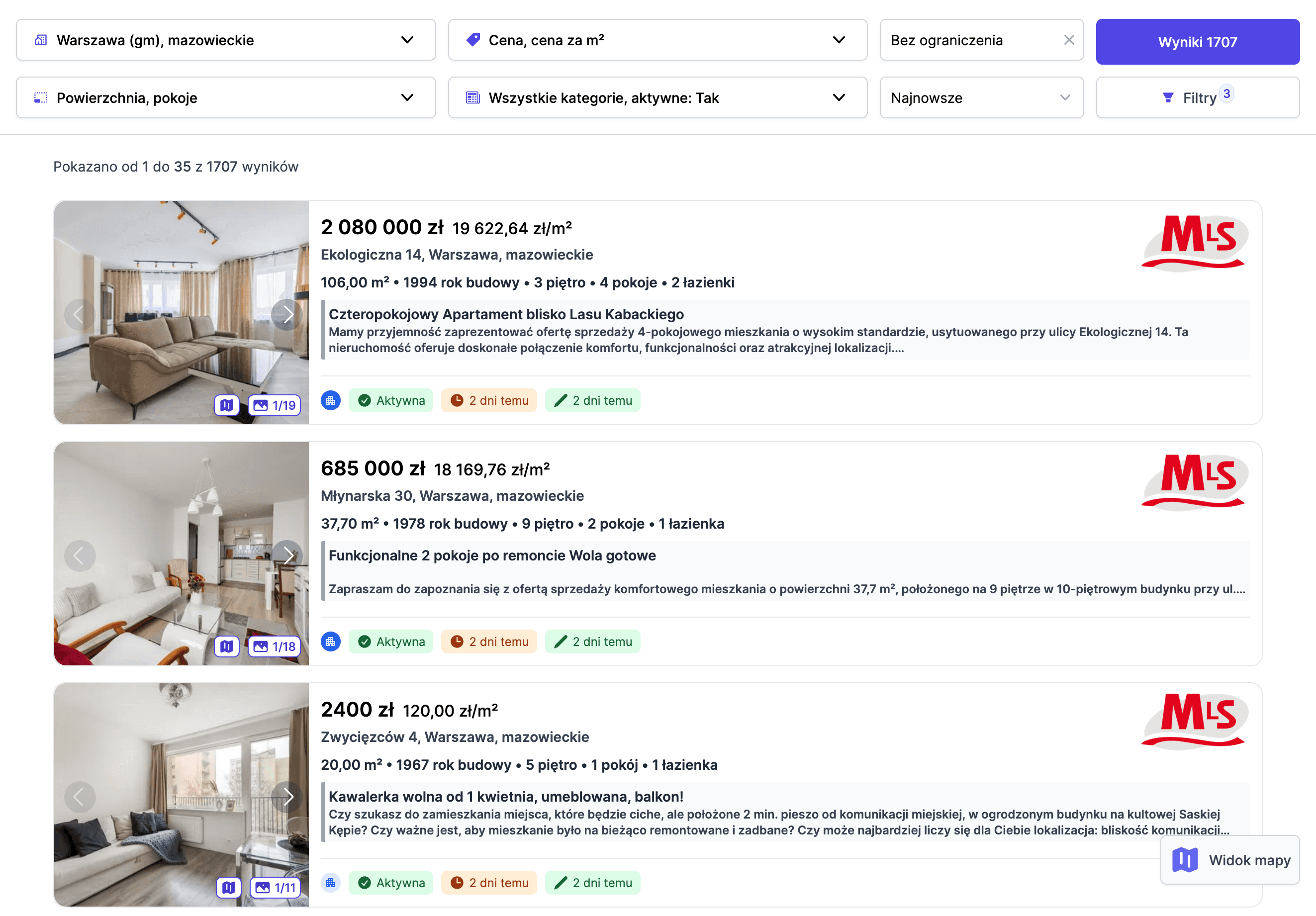Przeglądanie wszystkich ofert z MLS