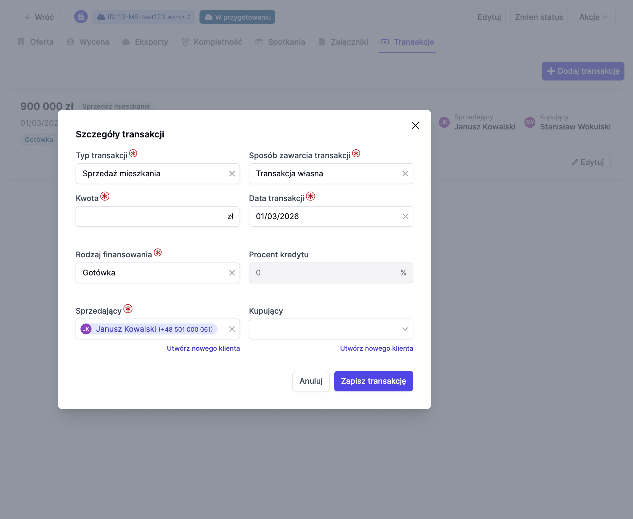 Historia wszystkich zamkniętych transakcji biura